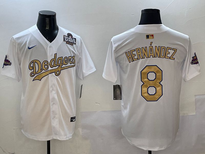 Men Los Angeles Dodgers 8 Hernandez White Champion gold character 2025 Nike MLB Jersey style 8